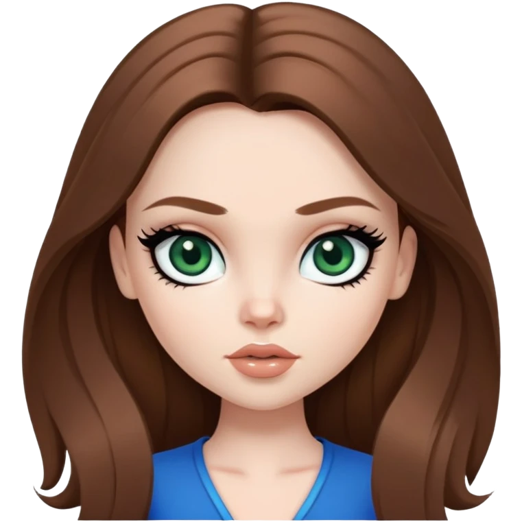 pretty bratz girl, long brown hair, dark green eyes, black eyeliner, pale skin, blue style emoji