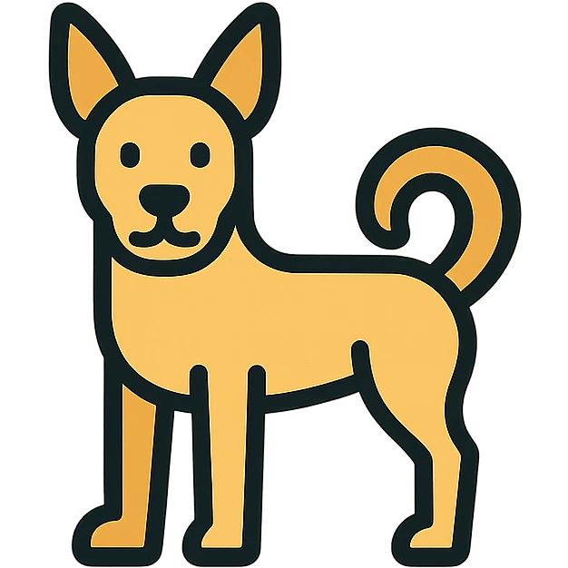 medium-sized sandy colored dog with one back leg missing, tail curled up onto its back, attentive upright ears, modern color outline icon style emoji
