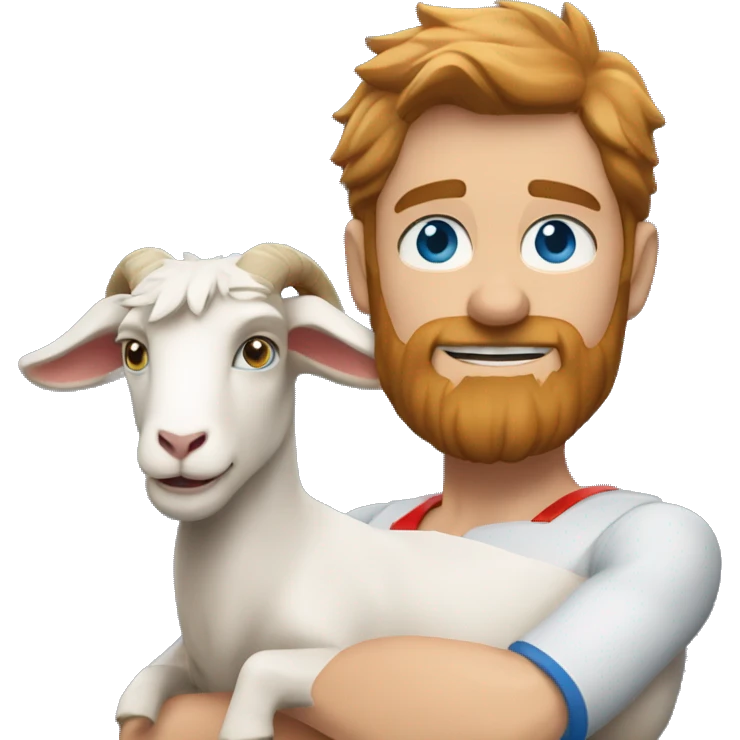 Man holding a goat, redish hair redish scruffy beard, blue eyes, wearing a superman outfit emoji
