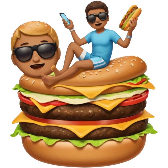 Poop surfing while eating a burger with sunglasses emoji