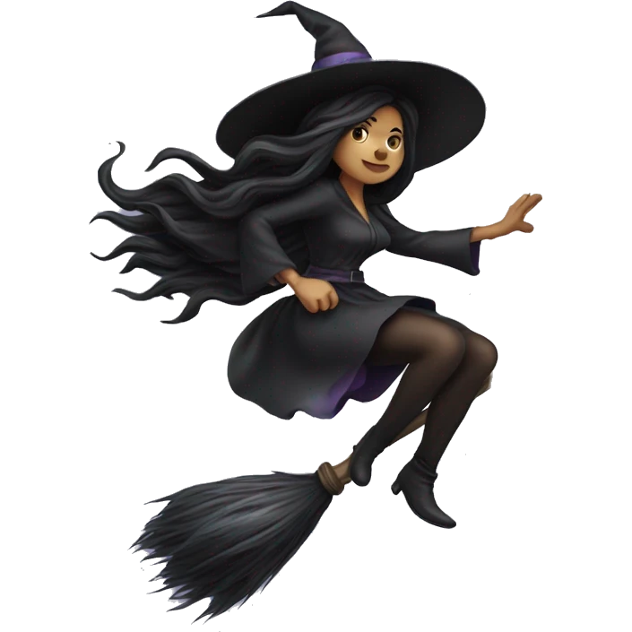 dark long hair witch flying on a broom white skin emoji