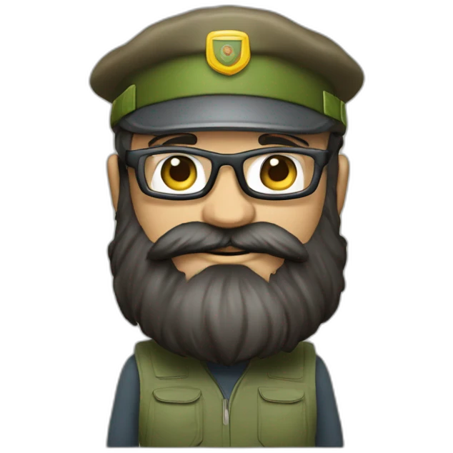 full body of an happy gardener face long dark beard and short dark hair with little transparent glasses and a army cap emoji