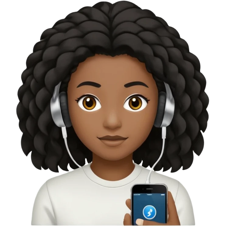 Faça um adolescente de cabelo cacheado   Preto médio sorrindo, com um aparelho dental e fones de ouvido Bluetooth com um moletom branco emoji