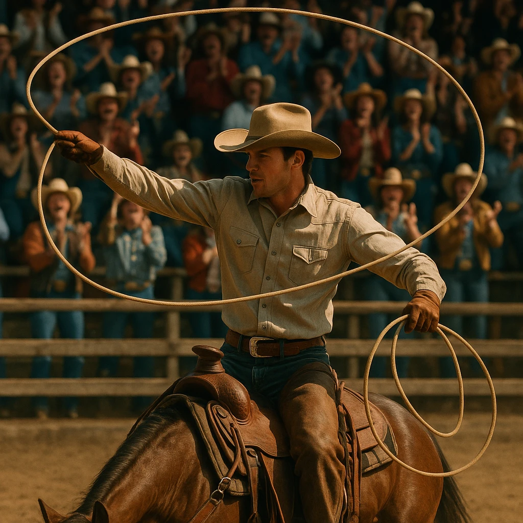 lasso competition at a rodeo, cowboy swinging lasso, cheering crowd, western style emoji