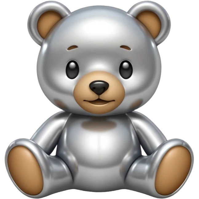 A cute teddy bear emoji made of liquid silver chrome, smooth rounded body, glossy metallic surface, soft reflections, friendly proportions, iOS emoji style, centered, clean white background emoji