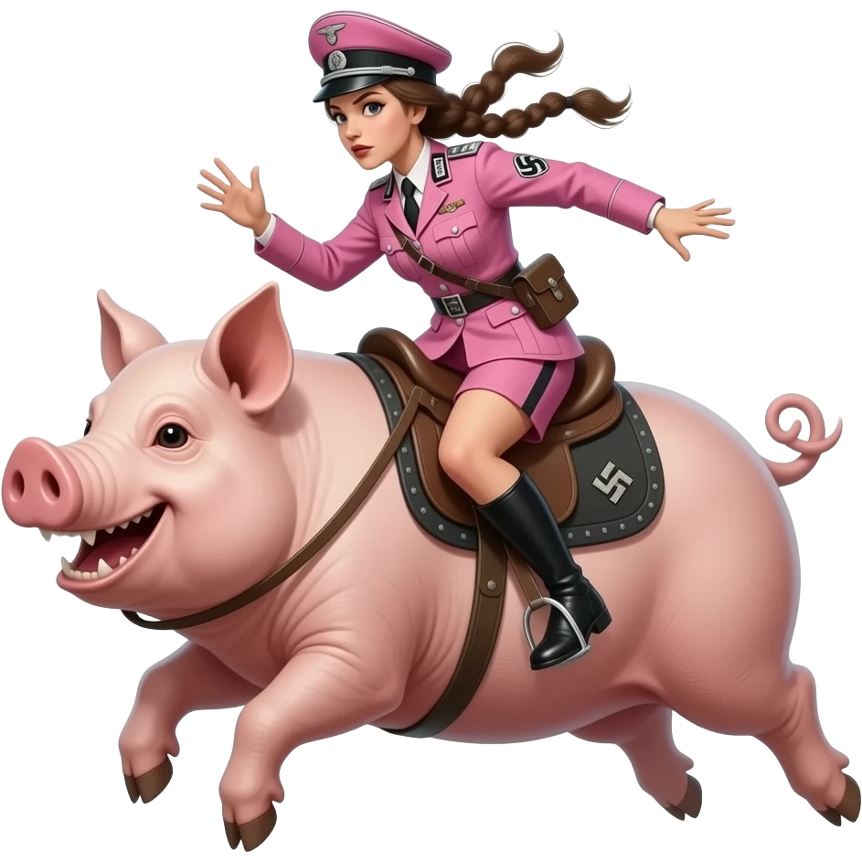 cinematic - creepy female rider in pink WWII German army uniform jumping on a big creepy pig with a wooden daguerreotype camera emoji