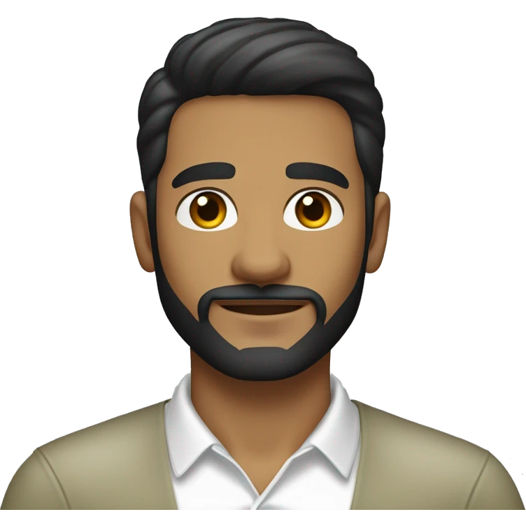 Recreate a young man with straight dark brown hair styled forward, a trimmed beard and mustache, light olive skin, and a white open-collar shirt. He wears a small earring in his left ear and has a calm, friendly expression emoji