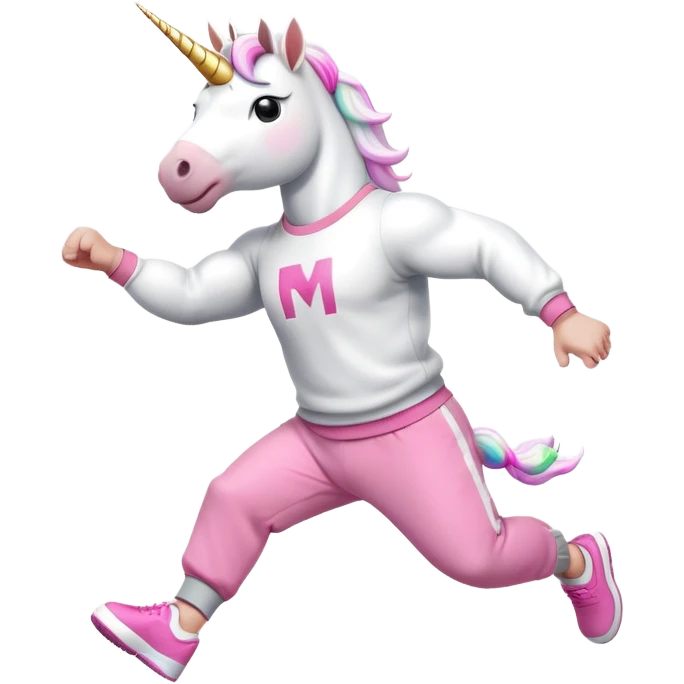 friendly anthropomorphised male white unicorn with a fit, chunky, muscular and strong physique, arms and legs matching the white of the head, wearing grey tracksuit pants and pink jumper, sunglasses, jumping for joy emoji