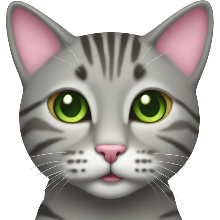 A grey tabby cat with a pink nose and green eyes is happy emoji