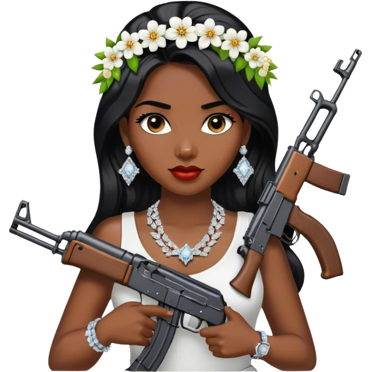A beautiful woman with flowers in her hair, holding an AK-47 and has diamond grills in her teeth and big diamond chain on her neck that says icy and big diamond earrings and black hair emoji