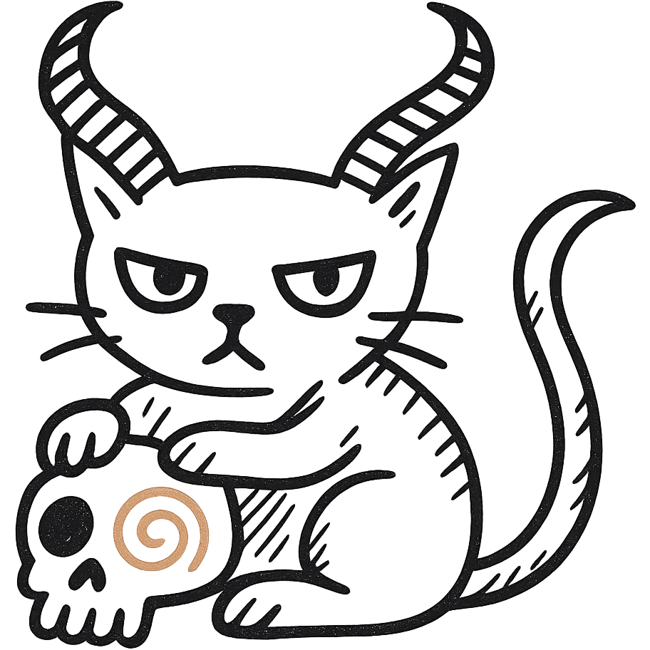 Remove the lollipop from the cat's horn, hand drawn style with dynamic outlines, no fill, preserve the red spiral on the skull, transparent background. emoji