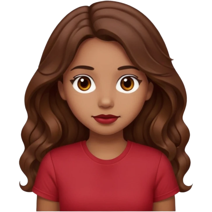 Very light brown girl with long wavy brunette hair and blush, wearing dark red tshirt emoji