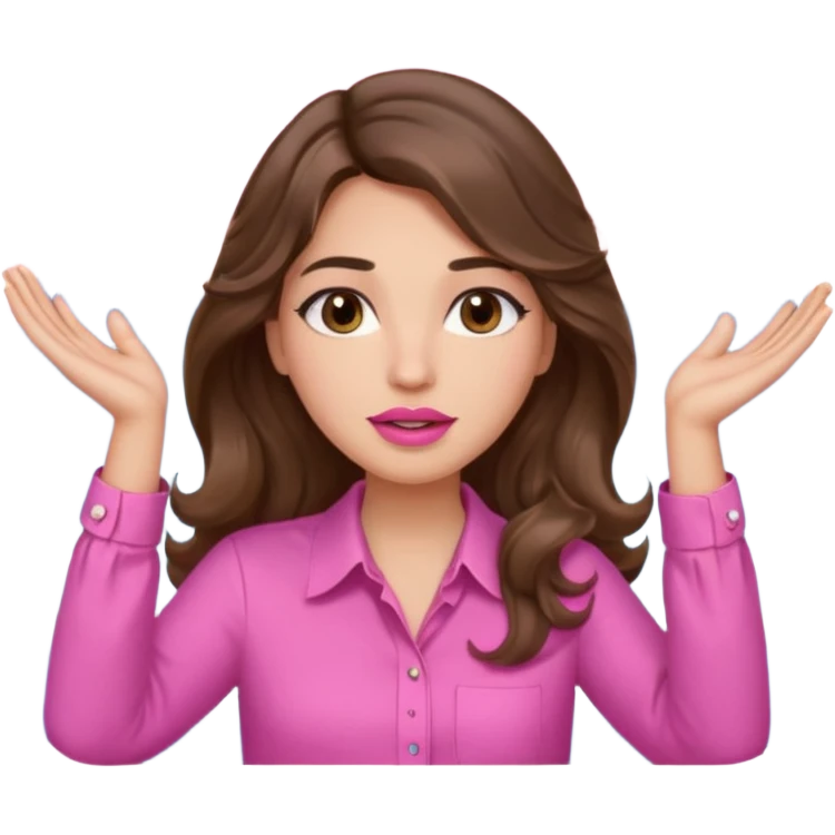 girl with long wavy brown hair, brown eyes, light to medium complexion, in a pink shirt, pink lips, long lashes, puckered lips, both hands all the way up with hands up to the sky emoji