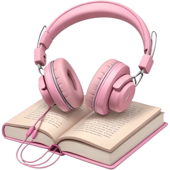  pink pair of modern headphones resting on top of a closed book, soft shadows, realistic style, calm and cozy mood, isolated on transparent background emoji