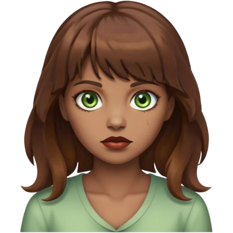 Zumbi mulher, olhos verdes, cabelo castanho com franja e ondulado  emoji