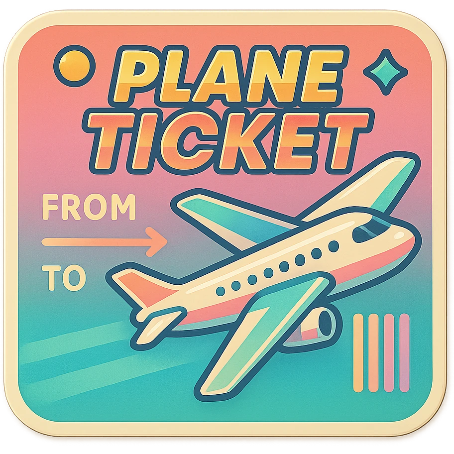 retro plane ticket, 1980s look, pastel colors, graphic elements emoji