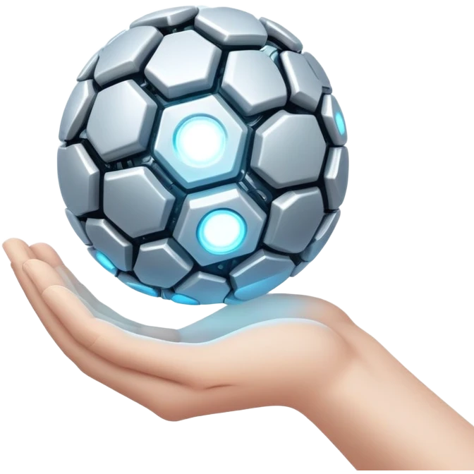 White skin hand holding a glowing AI core emoji