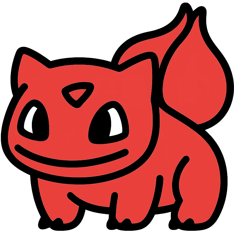 Bulbasaur inspired Rednote app emoji, flat design, bold red, Bulbasaur with ears and bulb, minimal app icon, no music note emoji