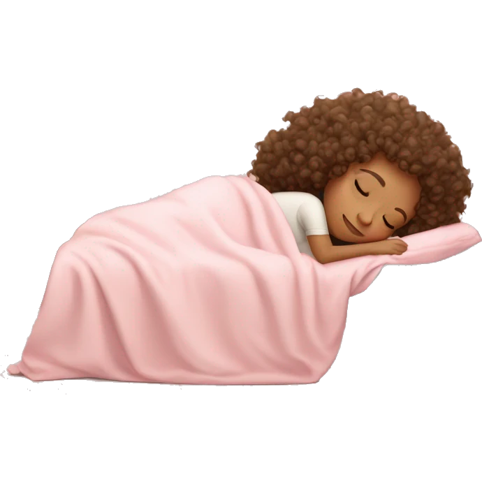 curly haired girl with tan skin sleeping in bed under light pink covers  emoji