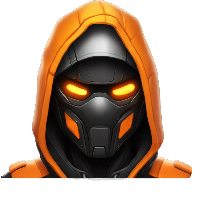  developer behind his laptop with this style : crysis Cyberpunk Valorant orange glowing bright orange character orange black hooded assassin themed character emoji