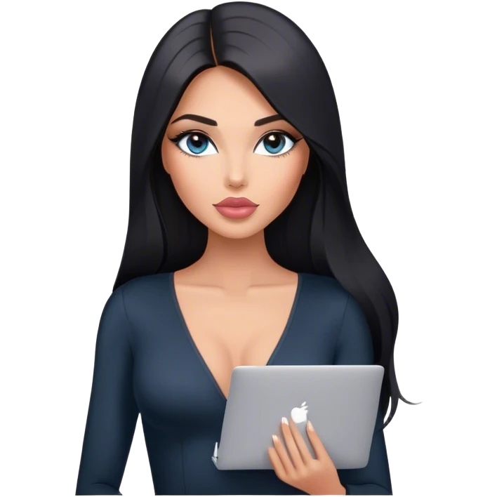 Glamours, tanned, very beautiful girl, with big pump peach-beige-rose lips, long lashes, black straight smooth silky long hair, straight parting hair, blue-grey eyes, in black v-neck bodysuit holding MacBook emoji