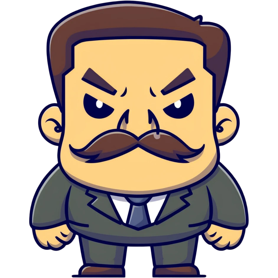 A cartoon angry boss character with a thick mustache, frowning face emoji