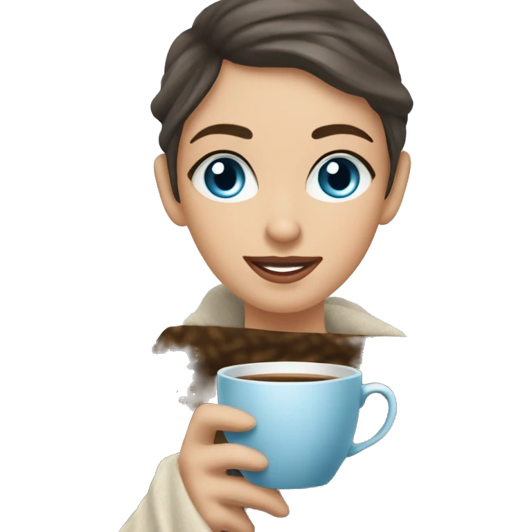 girl with blue eyes and short bown hair i lasses holding a cup of coffee wrapped in awarm blanket emoji