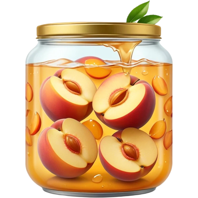 open metal can filled with golden peach halves submerged in glossy light syrup, smooth plump slightly translucent fruit pieces nestled in clear liquid, simple can no label or branding, apple emoji style, soft lighting, subtle shadows, transparent background, emoji scale emoji