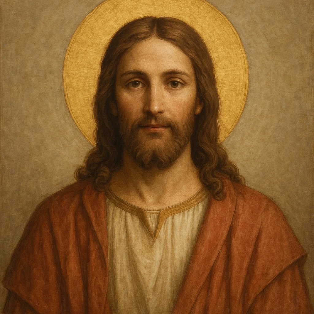 Jesus Christ in classic religious style, with halo, kind expression, long hair and beard, traditional clothing, neutral background emoji
