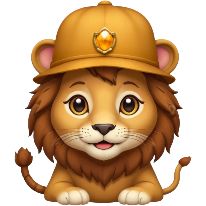 cute lion with a chestnut as a hat, cartoon style, big sparkling eyes, warm and friendly expression, autumn colors, simple and emoji-style design emoji