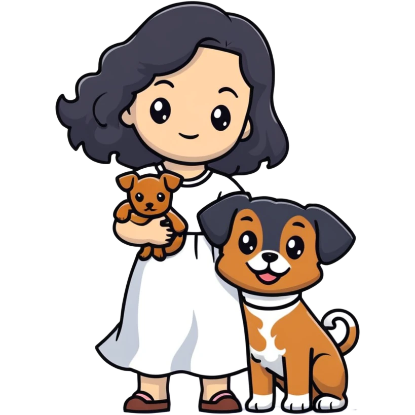 A beautiful girl with long black hair in a white dress holds a small brown curly-haired dog emoji