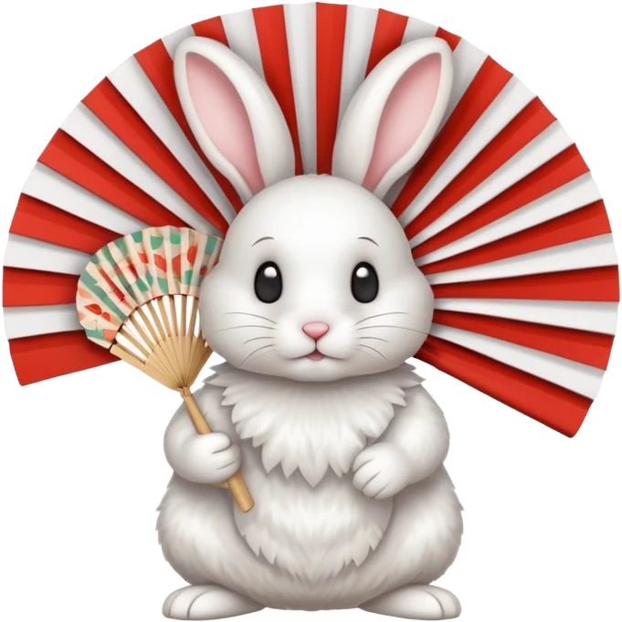 A rabbit hiding playfully behind a small patterned fan. emoji