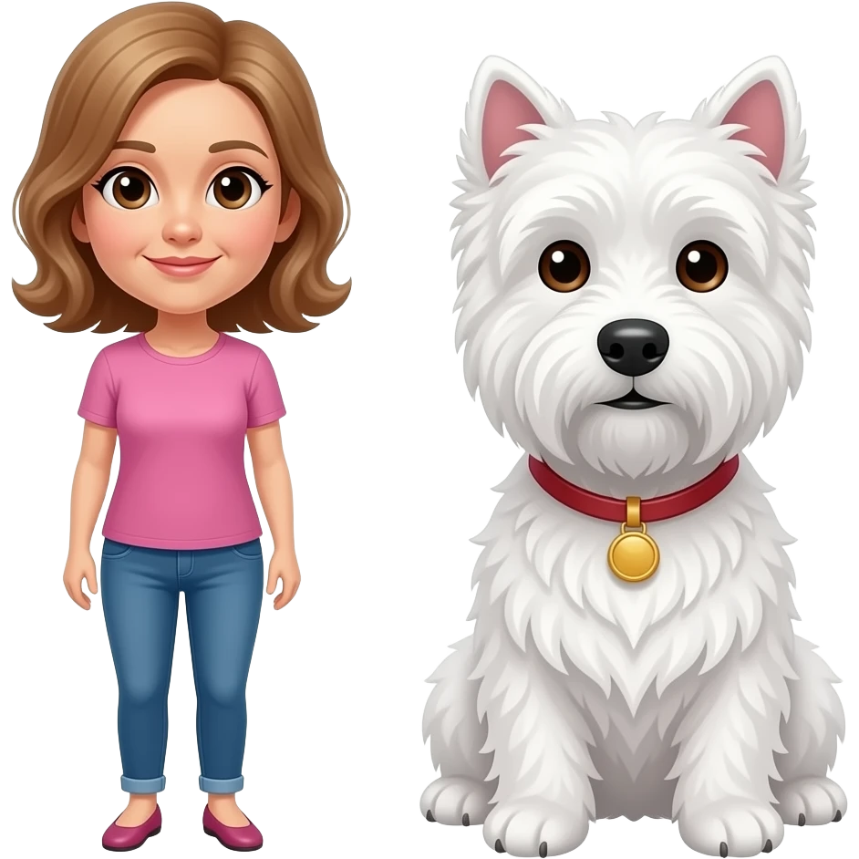 Middle age woman brown eyes , shoulder length light brown hair, with a female westie and a male westie emoji