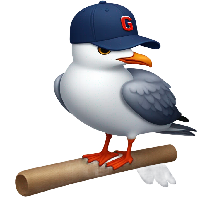 Seagull with wearing navy color baseball cap emblazoned with a red G initial emoji