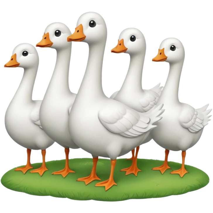 9 white geese standing on a green hill, front view, foggy emoji