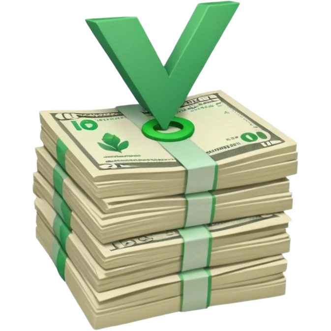 stack of bills facing up with green tick in the background emoji