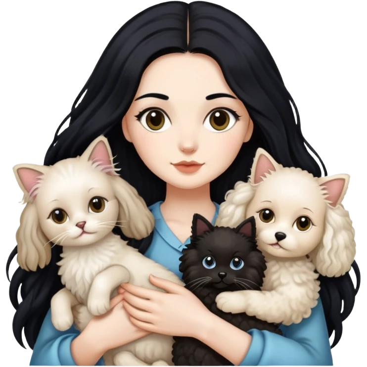 A lady with long black hair holding two animals, a long hair Ragdoll cat and a small poodle  emoji