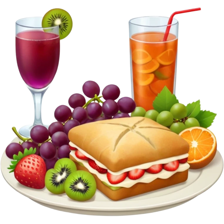 Crie uma bandeja de frutas e salgados coxinha e pão e lasanha sucos drink emoji