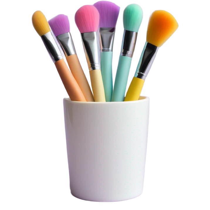 Realistic pastel makeup brushes and sponge in a white cup holder emoji