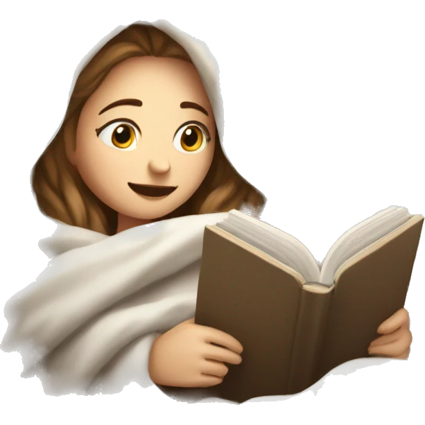 White Girl relaxed reading a book under a blanket with coffee in her hands emoji