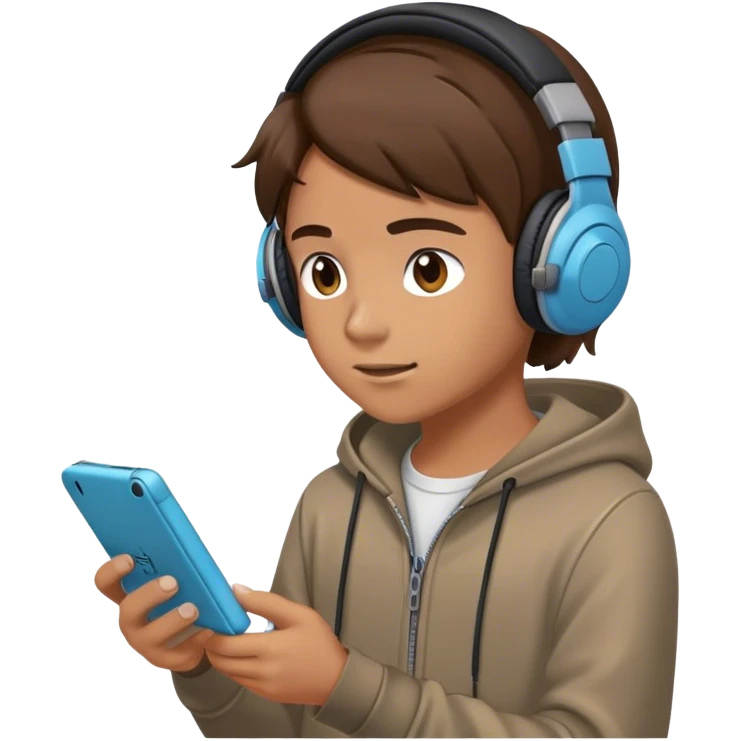 a teenager with think, greasy brown hair and headphones, playing on a 3ds emoji