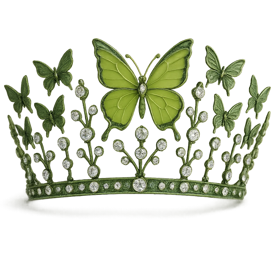 butterfly crown with a jade green base, a single olive or lime green enamel butterfly, sparkling gems emoji