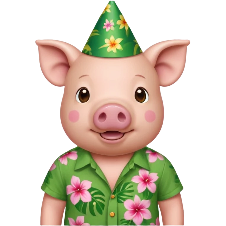 Pig with green aloha shirt, birthday hat emoji