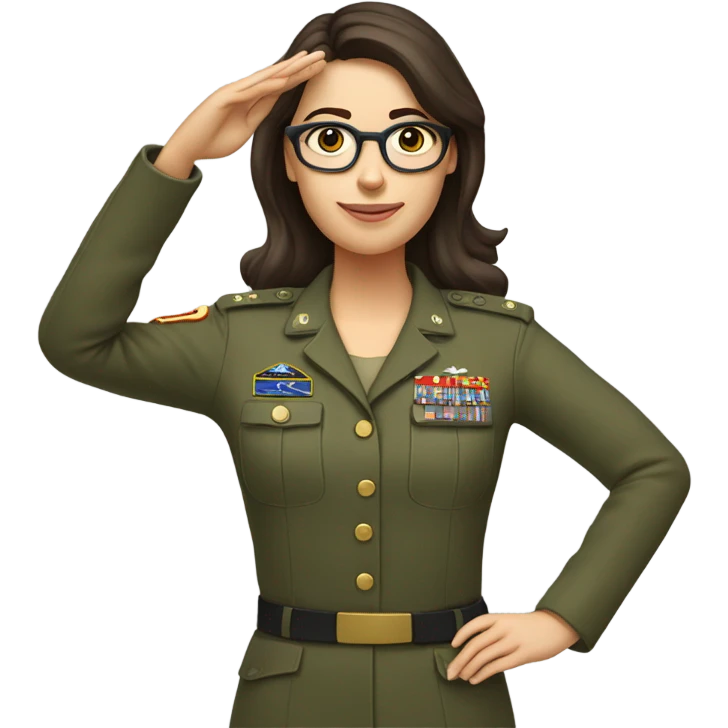 a caucasian brunette female with glasses making the military salute with her hand next to her head emoji