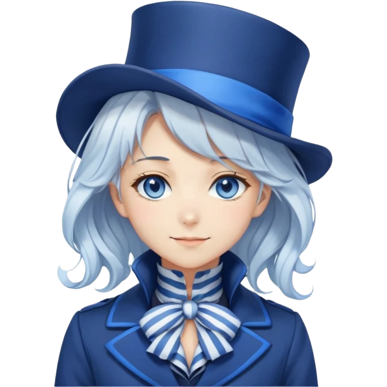 Beautiful gorgeous anime lady with white wavy hair with thin blue stripes, blue eyes, blue short top hat, smug grin, blue coat, blue cravat, white gloves emoji