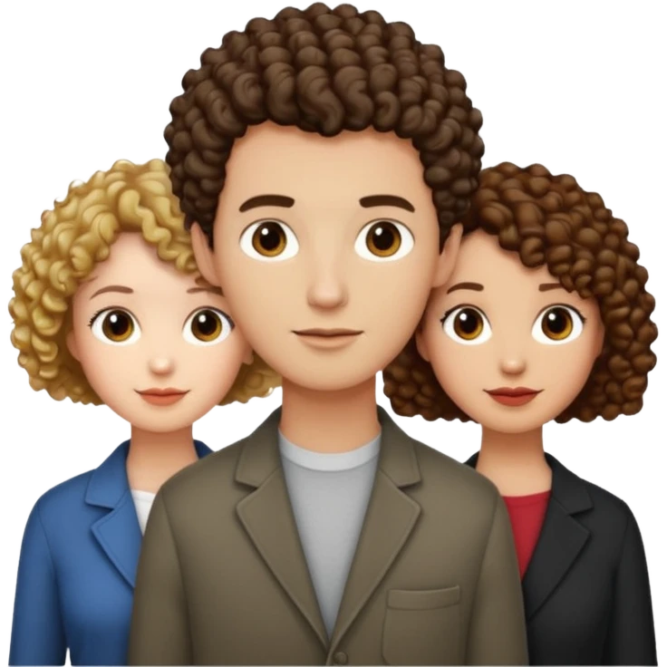 Throuple with two women with curly short hair, man with short brown hair, one woman taller than the others emoji