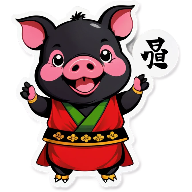 A black piglet wearing korean traditional cloth with "luck” written emoji