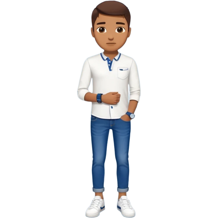 Human wearing white shoes and white shirt and blue jeans and wearing a navy blue SuperDry mark watch on his left hand emoji