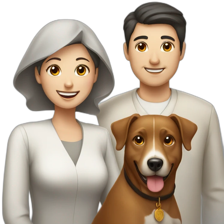 Jewish man and Chinese lady with brown dog smiling emoji