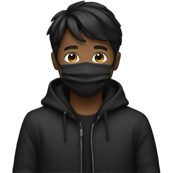 smiling boy in black jacket w facemask emoji